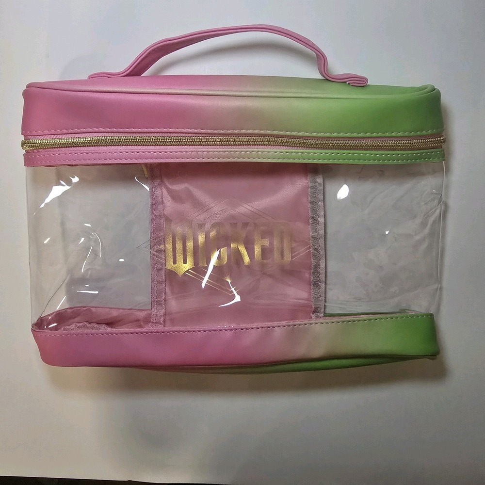 Wicked Pink Green Ombre Clear Cosmetic Travel Bag Organizer Gold Zip